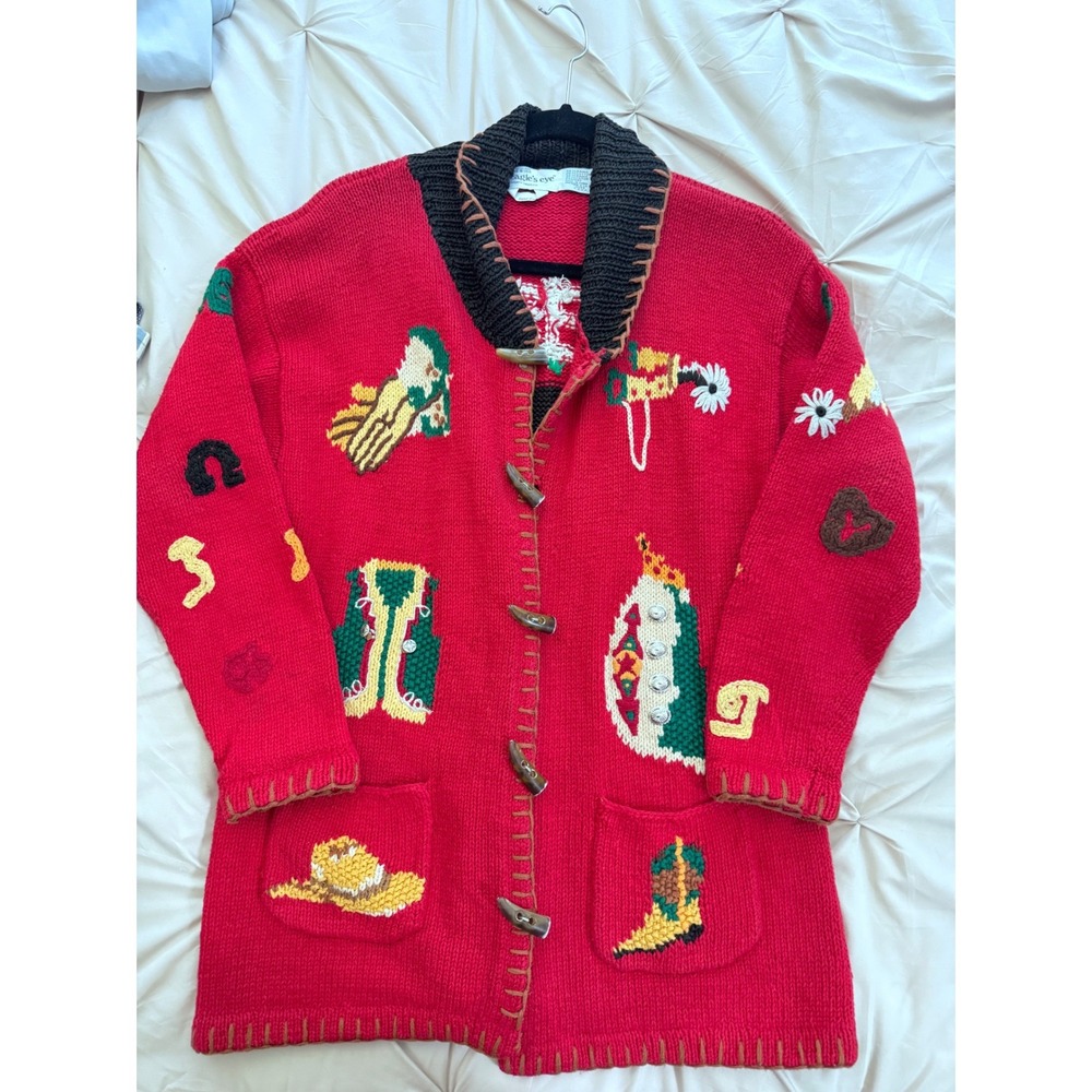 Vintage 1994 Eagles Eye Hand Knit Western Christmas Red Toggle Cardigan Sweater